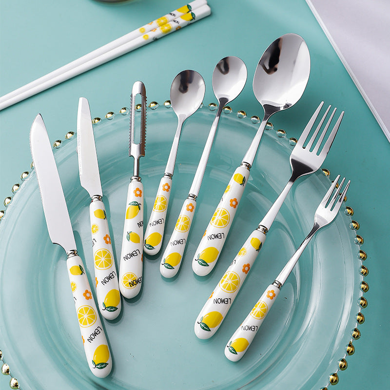 Creative  Ceramic Handle Fruit Pattern SS Fork, Knife, Spoon, Chopsticks, Steak Flatware Set