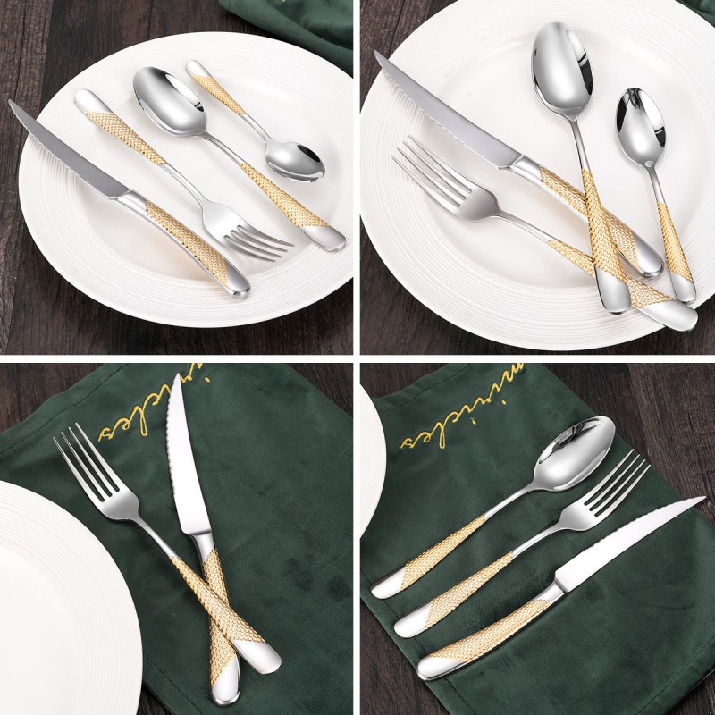 Steak Fork, Spoon, Knife Set, 304 Stainless Steel, Gold-plated Cutlery Set of 4 With Checkered Handle Steak Fork, Spoon, Knife Set, 304 Stainless Steel, Gold-plated Cutlery Set of 4 With Checkered Handle