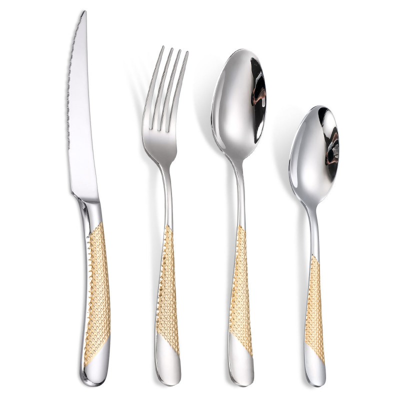Steak Fork, Spoon, Knife Set, 304 Stainless Steel, Gold-plated Cutlery Set of 4 With Checkered Handle Steak Fork, Spoon, Knife Set, 304 Stainless Steel, Gold-plated Cutlery Set of 4 With Checkered Handle