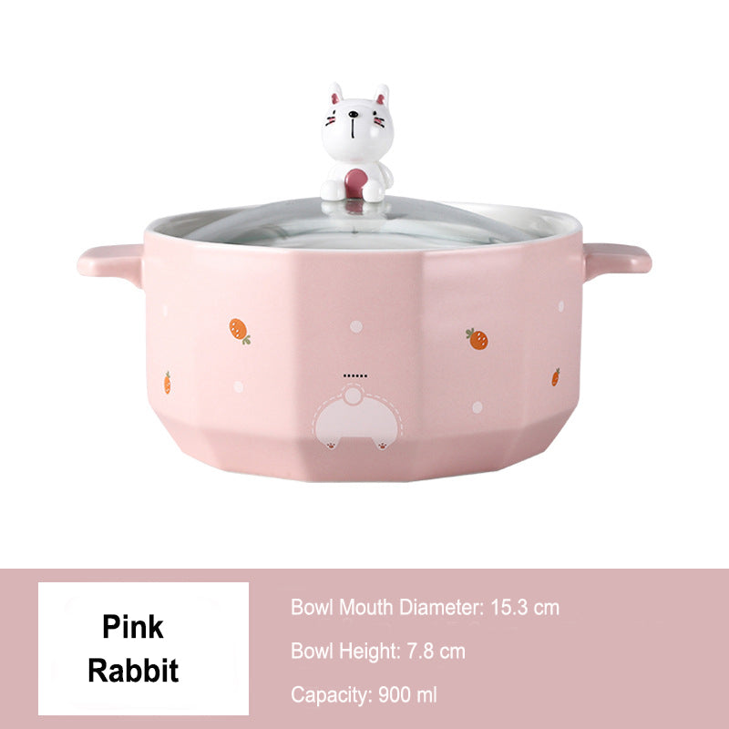 Double-eared Soup Bowl With Lid - Household Ceramic Bowl, Ideal for One-person Tableware Double-eared Soup Bowl With Lid - Household Ceramic Bowl, Ideal for One-person Tableware