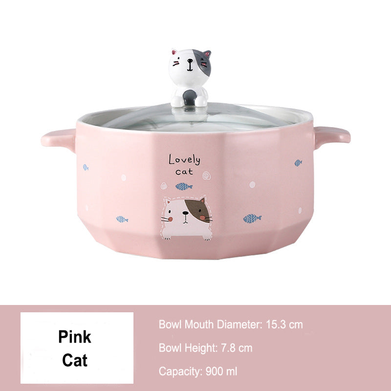 Double-eared Soup Bowl With Lid - Household Ceramic Bowl, Ideal for One-person Tableware Double-eared Soup Bowl With Lid - Household Ceramic Bowl, Ideal for One-person Tableware