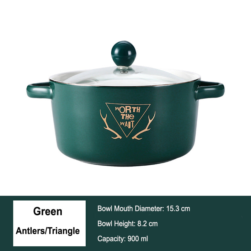 Double-eared Soup Bowl With Lid - Household Ceramic Bowl, Ideal for One-person Tableware Double-eared Soup Bowl With Lid - Household Ceramic Bowl, Ideal for One-person Tableware