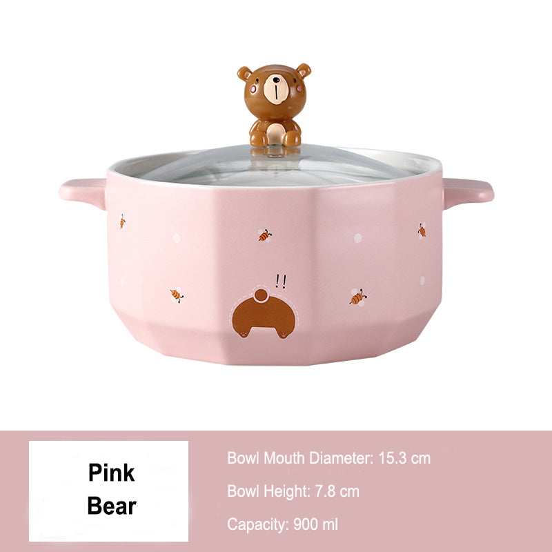 Double-eared Soup Bowl With Lid - Household Ceramic Bowl, Ideal for One-person Tableware Double-eared Soup Bowl With Lid - Household Ceramic Bowl, Ideal for One-person Tableware