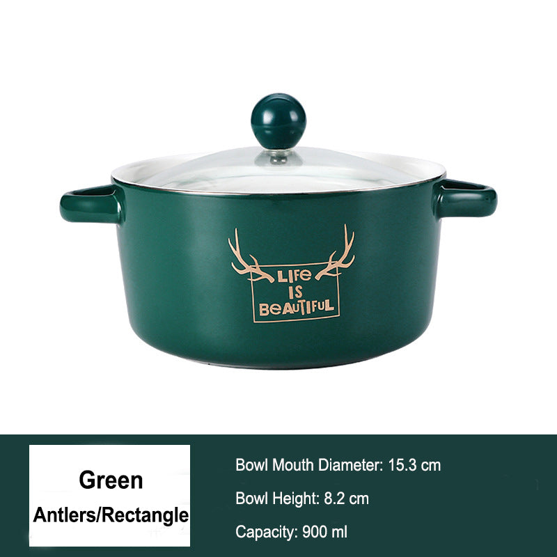 Double-eared Soup Bowl With Lid - Household Ceramic Bowl, Ideal for One-person Tableware Double-eared Soup Bowl With Lid - Household Ceramic Bowl, Ideal for One-person Tableware