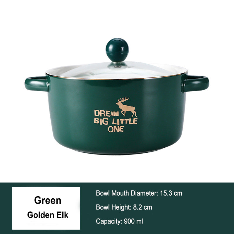 Double-eared Soup Bowl With Lid - Household Ceramic Bowl, Ideal for One-person Tableware Double-eared Soup Bowl With Lid - Household Ceramic Bowl, Ideal for One-person Tableware