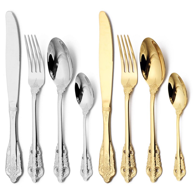 Europe Retro Gold, Silver Flatware Set Engraved Fork, Spoon, Knife For Dinner Set of 4 Europe Retro Gold, Silver Flatware Set Engraved Fork, Spoon, Knife For Dinner Set of 4