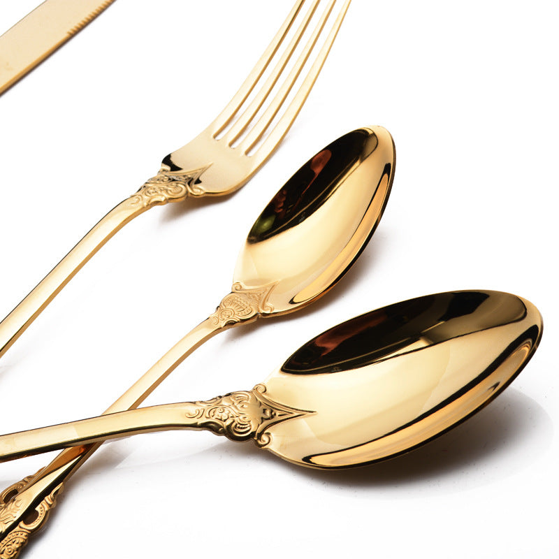 Europe Retro Gold, Silver Flatware Set Engraved Fork, Spoon, Knife For Dinner Set of 4 Europe Retro Gold, Silver Flatware Set Engraved Fork, Spoon, Knife For Dinner Set of 4