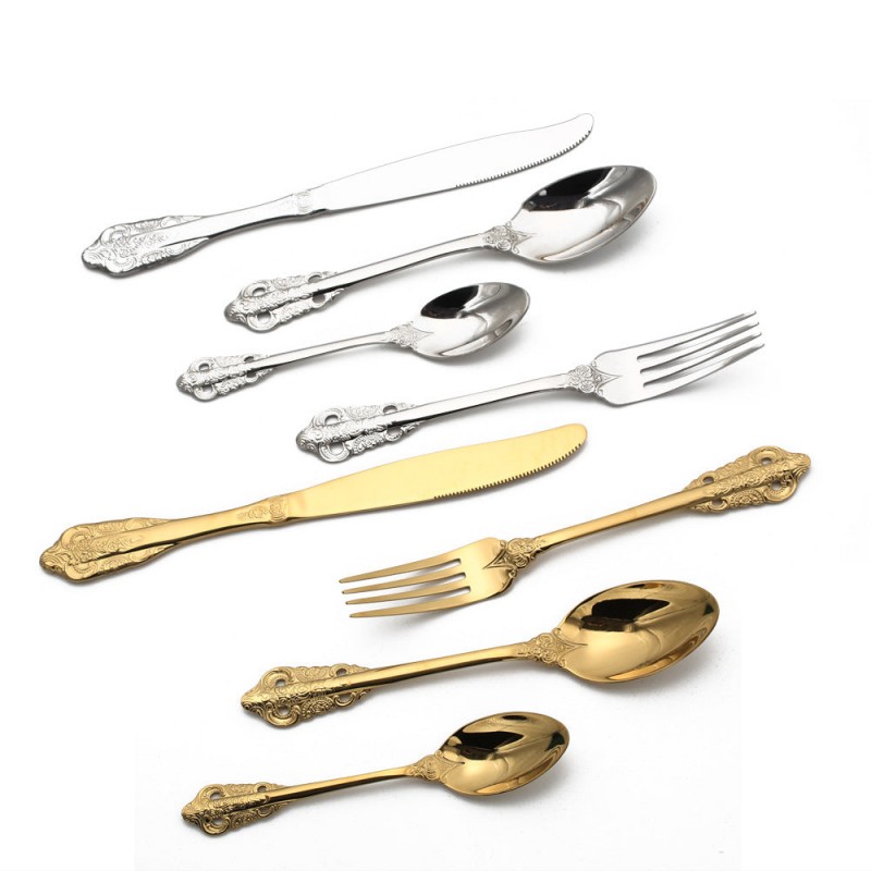 Europe Retro Gold, Silver Flatware Set Engraved Fork, Spoon, Knife For Dinner Set of 4 Europe Retro Gold, Silver Flatware Set Engraved Fork, Spoon, Knife For Dinner Set of 4