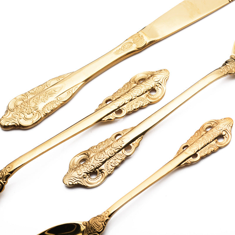 Europe Retro Gold, Silver Flatware Set Engraved Fork, Spoon, Knife For Dinner Set of 4 Europe Retro Gold, Silver Flatware Set Engraved Fork, Spoon, Knife For Dinner Set of 4