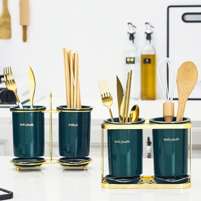 Elegant Ceramic Cutlery Storage Tube with Drain Cage for Kitchen Organization Elegant Ceramic Cutlery Storage Tube with Drain Cage for Kitchen Organization