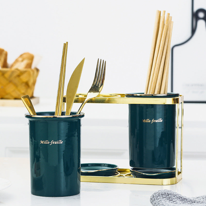 Elegant Ceramic Cutlery Storage Tube with Drain Cage for Kitchen Organization Elegant Ceramic Cutlery Storage Tube with Drain Cage for Kitchen Organization