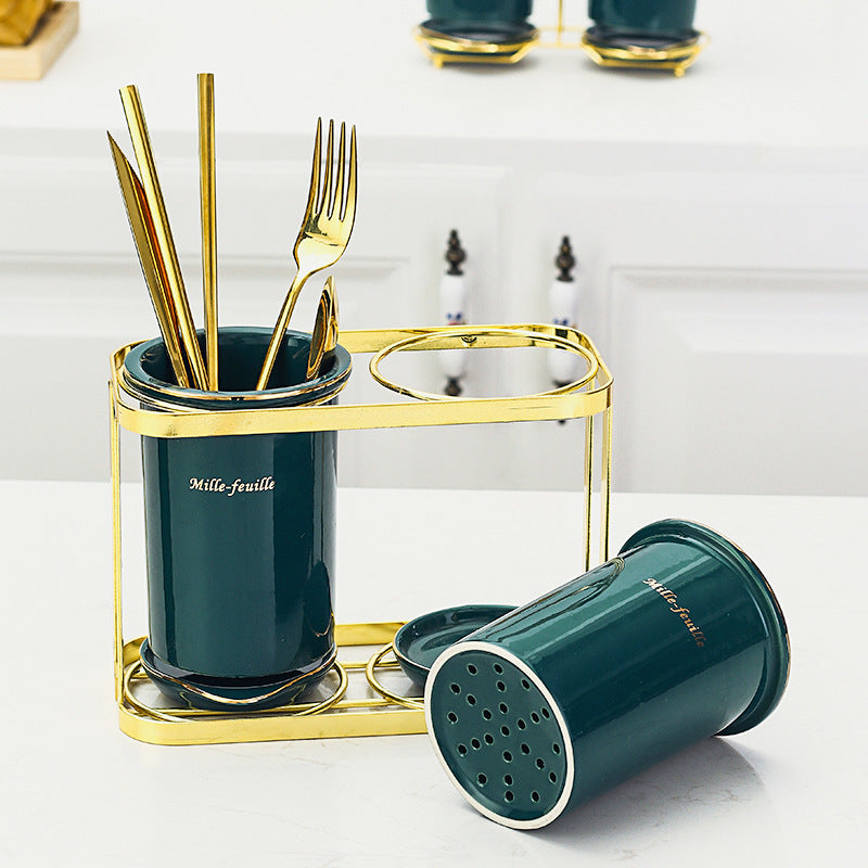Elegant Ceramic Cutlery Storage Tube with Drain Cage for Kitchen Organization Elegant Ceramic Cutlery Storage Tube with Drain Cage for Kitchen Organization