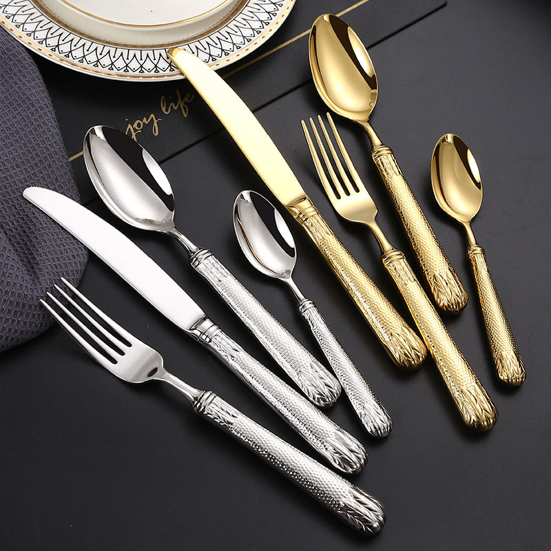 Cutlery Set of 4 With Hollow Handle, Wheat Engraving 304 Stainless Steel Fork, Knife, Spoon Cutlery Set of 4 With Hollow Handle, Wheat Engraving 304 Stainless Steel Fork, Knife, Spoon