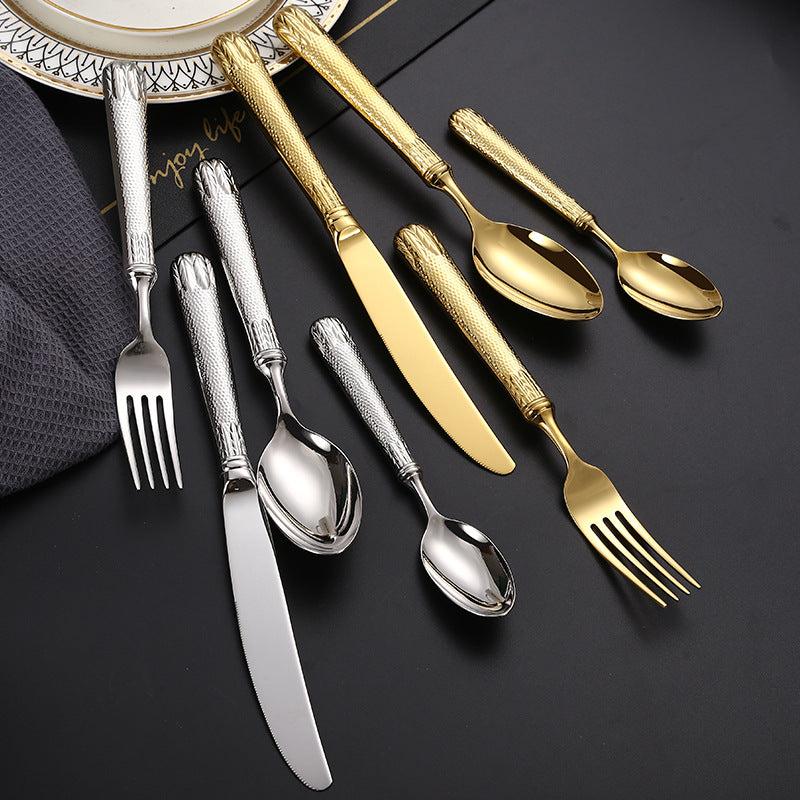 Cutlery Set of 4 With Hollow Handle, Wheat Engraving 304 Stainless Steel Fork, Knife, Spoon Cutlery Set of 4 With Hollow Handle, Wheat Engraving 304 Stainless Steel Fork, Knife, Spoon