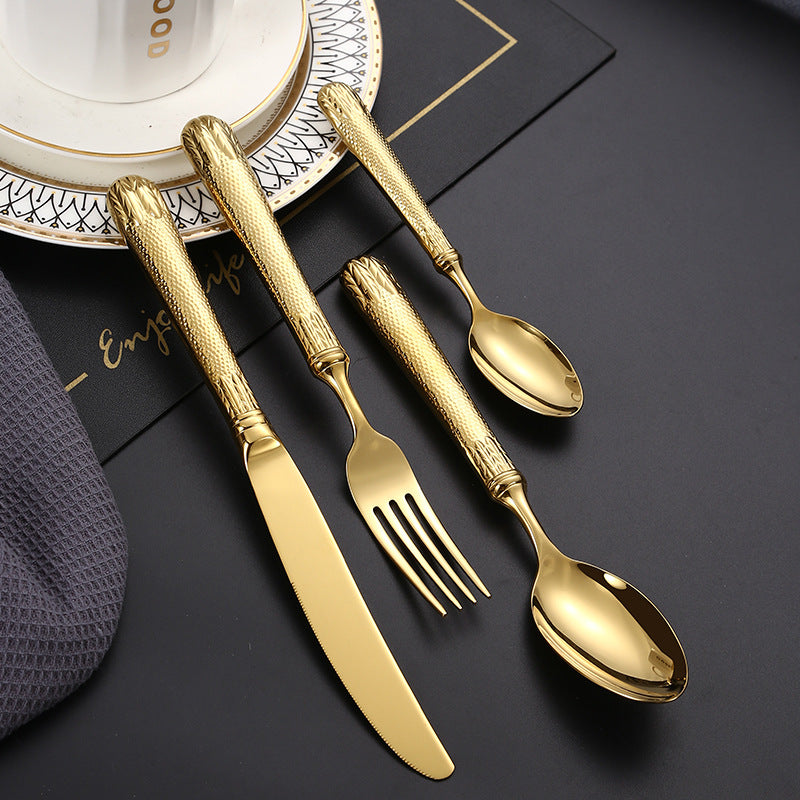 Cutlery Set of 4 With Hollow Handle, Wheat Engraving 304 Stainless Steel Fork, Knife, Spoon Cutlery Set of 4 With Hollow Handle, Wheat Engraving 304 Stainless Steel Fork, Knife, Spoon