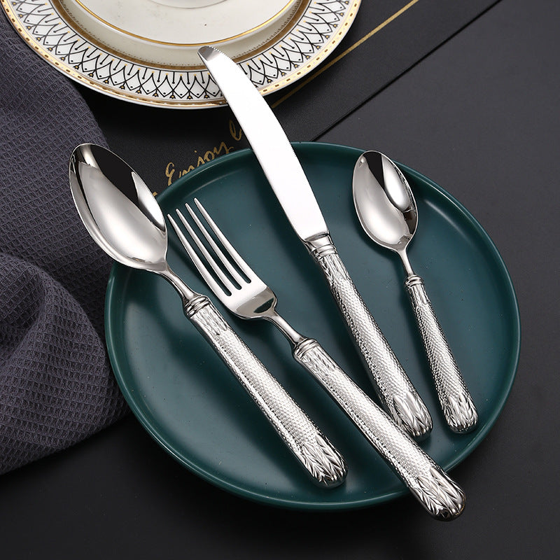 Cutlery Set of 4 With Hollow Handle, Wheat Engraving 304 Stainless Steel Fork, Knife, Spoon Cutlery Set of 4 With Hollow Handle, Wheat Engraving 304 Stainless Steel Fork, Knife, Spoon