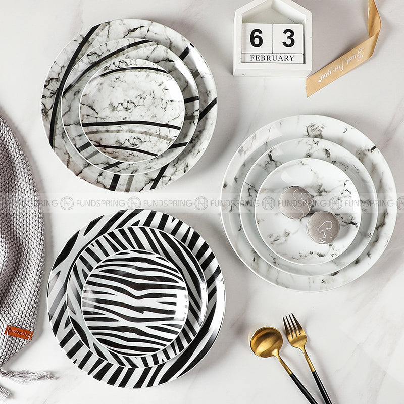 European Elegance Ceramic Dinner Plates - Marble-Inspired, Black and White Striped Set (8" and 10") European Elegance Ceramic Dinner Plates - Marble-Inspired, Black and White Striped Set (8" and 10")