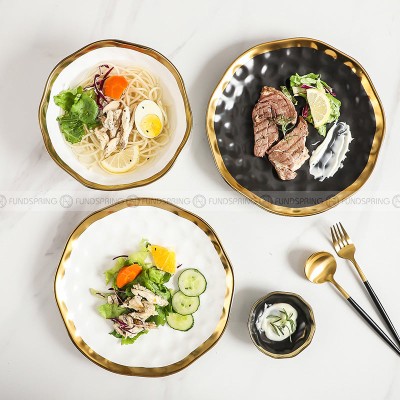 Elegant Ceramic Dinner Plates with Electroplated Gold Rim - Set of 2 (8" and 10")