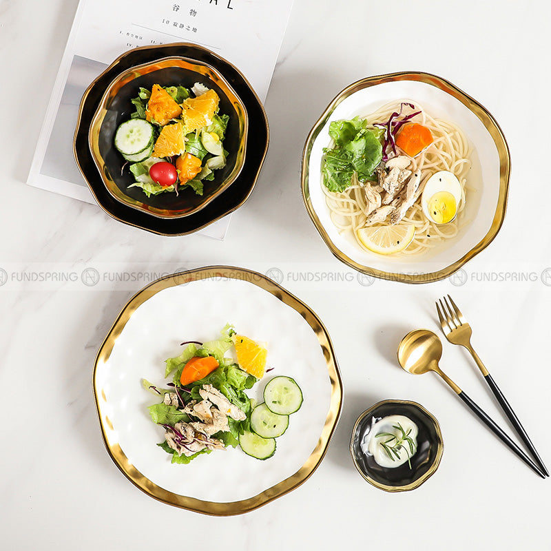 Elegant Ceramic Dinner Plates with Electroplated Gold Rim - Set of 2 (8" and 10") Elegant Ceramic Dinner Plates with Electroplated Gold Rim - Set of 2 (8" and 10")