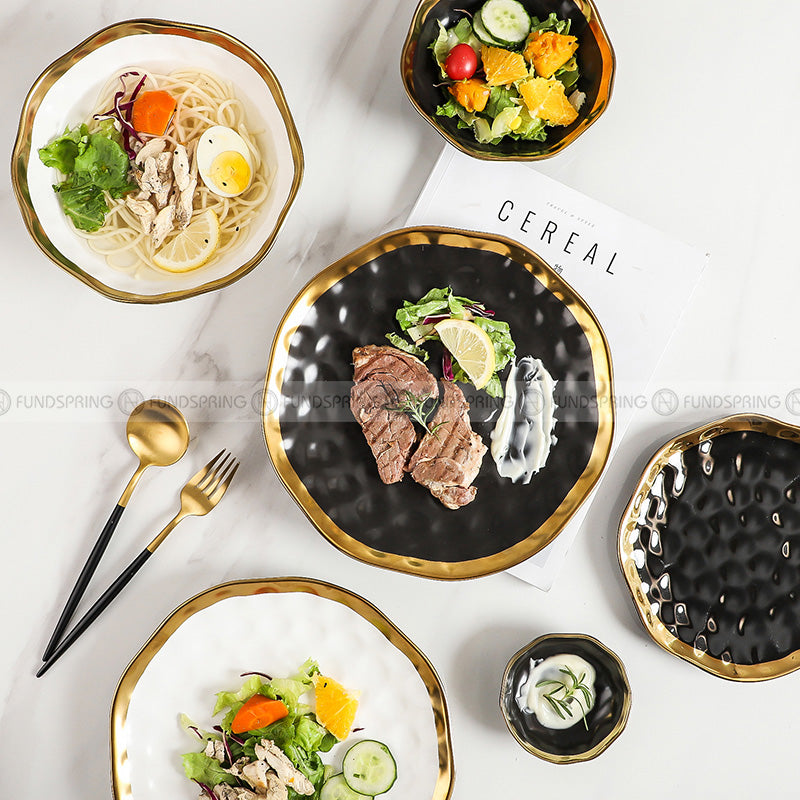 Elegant Ceramic Dinner Plates with Electroplated Gold Rim - Set of 2 (8" and 10") Elegant Ceramic Dinner Plates with Electroplated Gold Rim - Set of 2 (8" and 10")