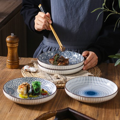 Serene Elegance: Vertical Pattern Underglaze Ceramic Round Dining Plates Serene Elegance: Vertical Pattern Underglaze Ceramic Round Dining Plates