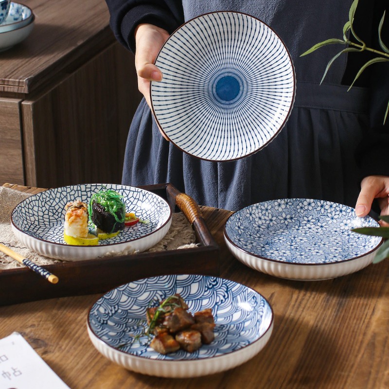 Serene Elegance: Vertical Pattern Underglaze Ceramic Round Dining Plates Serene Elegance: Vertical Pattern Underglaze Ceramic Round Dining Plates