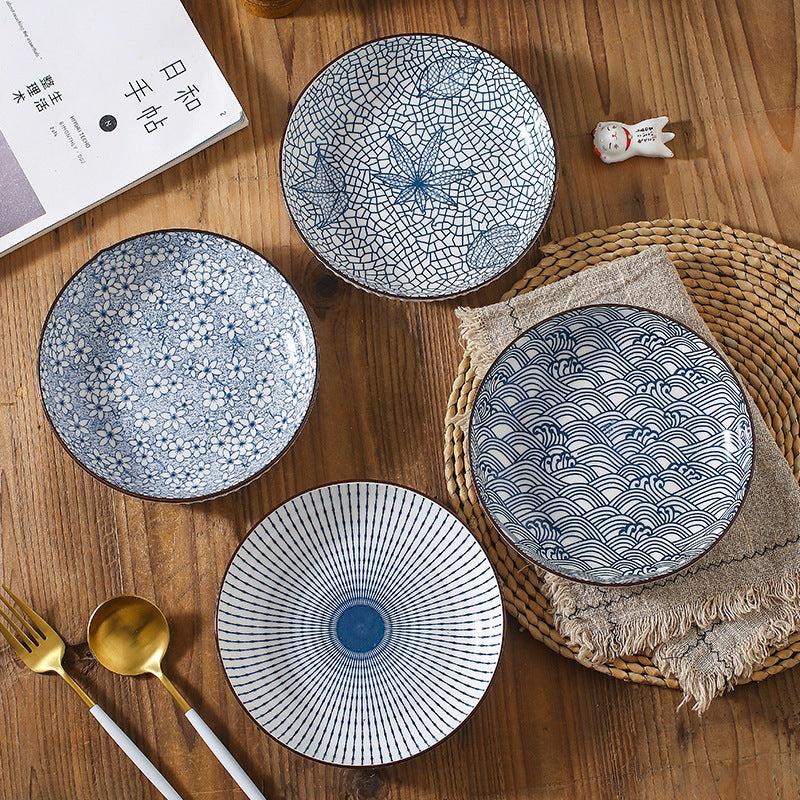 Serene Elegance: Vertical Pattern Underglaze Ceramic Round Dining Plates Serene Elegance: Vertical Pattern Underglaze Ceramic Round Dining Plates
