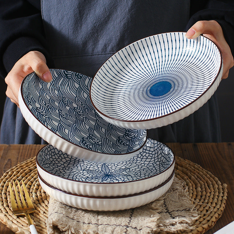 Serene Elegance: Vertical Pattern Underglaze Ceramic Round Dining Plates Serene Elegance: Vertical Pattern Underglaze Ceramic Round Dining Plates
