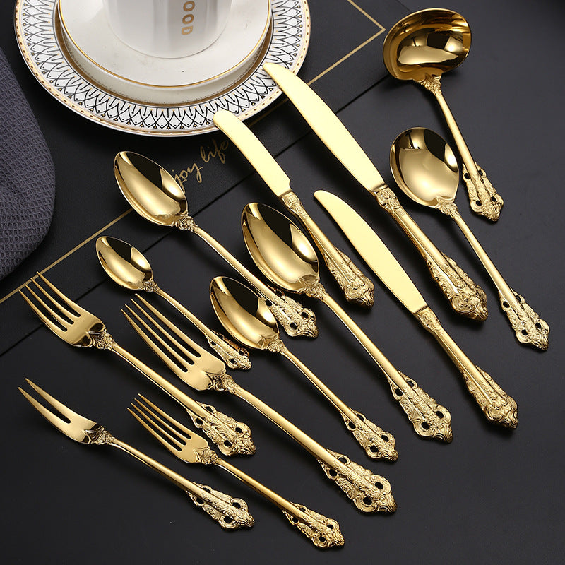 Royal Flatware Set of 13 Pcs 304 Stainless Steel Engraved Hollow Fork, Spoon, Knife, Fruit Fork, Coffee Spoon