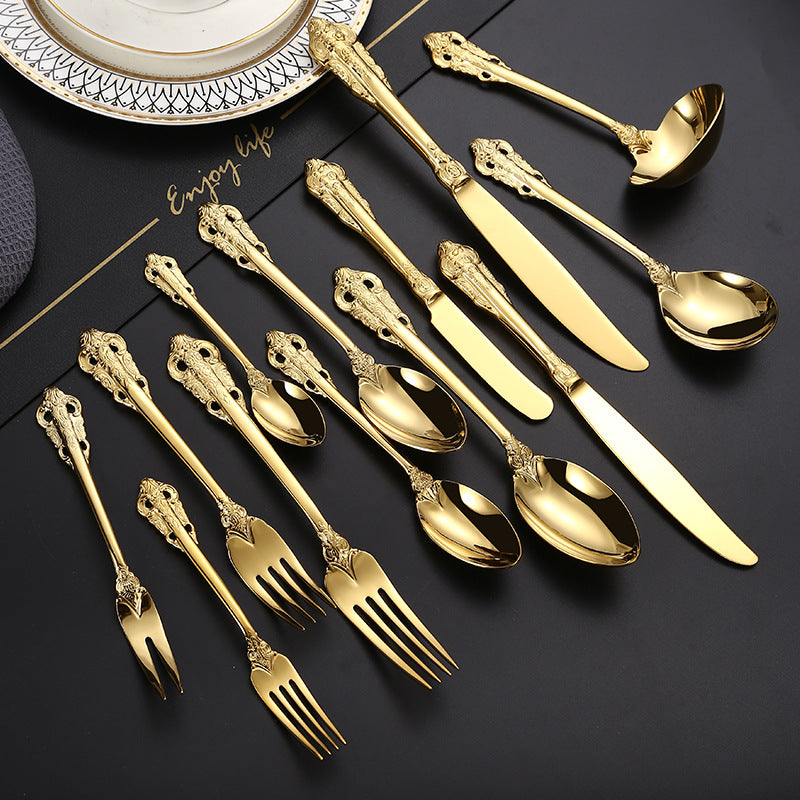 Royal Flatware Set of 13 Pcs 304 Stainless Steel Engraved Hollow Fork, Spoon, Knife, Fruit Fork, Coffee Spoon Royal Flatware Set of 13 Pcs 304 Stainless Steel Engraved Hollow Fork, Spoon, Knife, Fruit Fork, Coffee Spoon