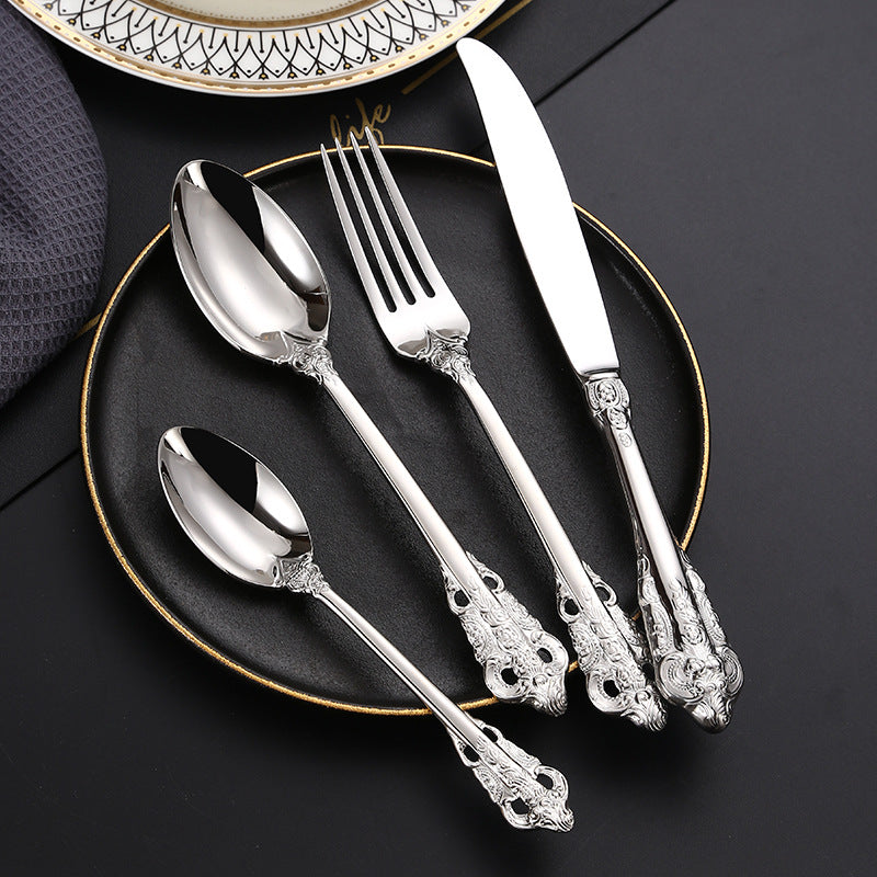 Royal Flatware Set of 13 Pcs 304 Stainless Steel Engraved Hollow Fork, Spoon, Knife, Fruit Fork, Coffee Spoon Royal Flatware Set of 13 Pcs 304 Stainless Steel Engraved Hollow Fork, Spoon, Knife, Fruit Fork, Coffee Spoon