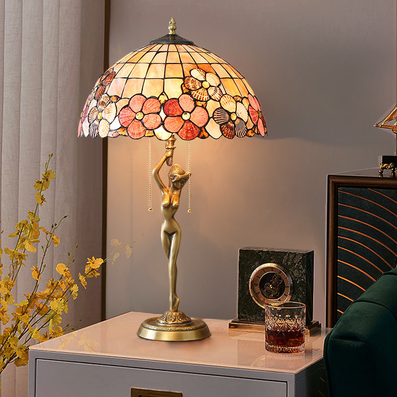 Ultra Size Solid Brass Stand Lamp Tiffany Table Lamp with Flower Decorated Shell Lamp Shade