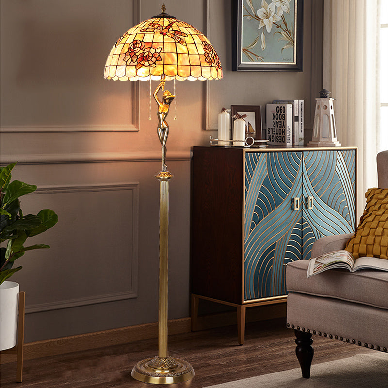 Tiffany Floor Lamp with Shell Lampshade and Solid Brass on Swan or Goddess Lampstand Tiffany Floor Lamp with Shell Lampshade and Solid Brass on Swan or Goddess Lampstand