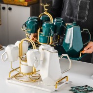 Ceramic Drinking Set with Tray, Coffee Cups with Gold Accents, Elegant Living Room Addition