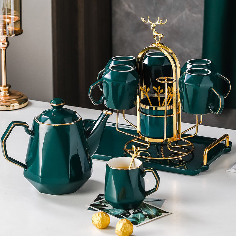 Ceramic Drinking Set with Tray, Coffee Cups with Gold Accents, Elegant Living Room Addition Ceramic Drinking Set with Tray, Coffee Cups with Gold Accents, Elegant Living Room Addition