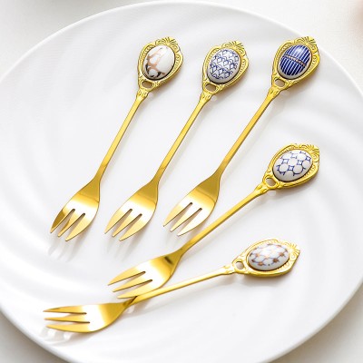 Gold Stainless Steel Small Fork For Dessert and Fruit With Ceramic Ornamented Handle Gold Stainless Steel Small Fork For Dessert and Fruit With Ceramic Ornamented Handle