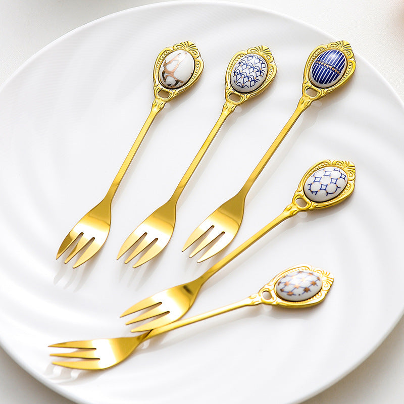 Gold Stainless Steel Small Fork For Dessert and Fruit With Ceramic Ornamented Handle