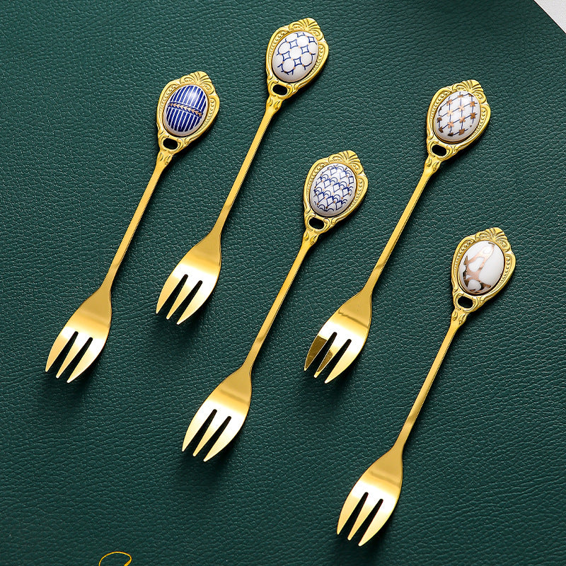Gold Stainless Steel Small Fork For Dessert and Fruit With Ceramic Ornamented Handle Gold Stainless Steel Small Fork For Dessert and Fruit With Ceramic Ornamented Handle