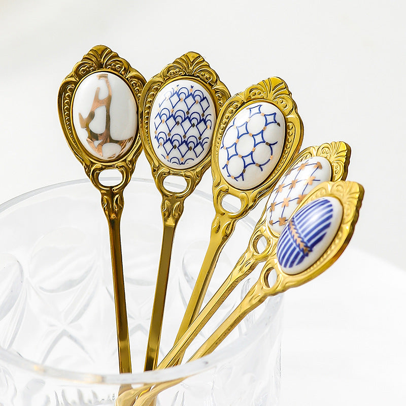 Gold Stainless Steel Small Fork For Dessert and Fruit With Ceramic Ornamented Handle Gold Stainless Steel Small Fork For Dessert and Fruit With Ceramic Ornamented Handle