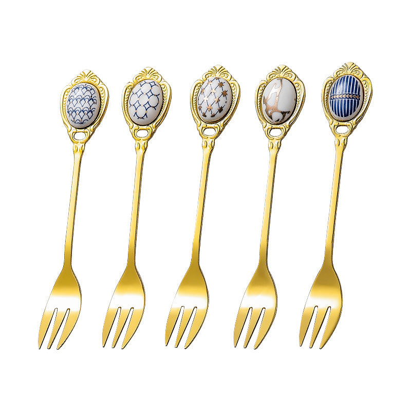 Gold Stainless Steel Small Fork For Dessert and Fruit With Ceramic Ornamented Handle Gold Stainless Steel Small Fork For Dessert and Fruit With Ceramic Ornamented Handle
