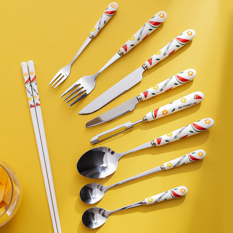 Creative Fruit Pattern Stainless Steel Fork, Knife, Spoon, Chopsticks, Steak Flatware Set Creative Fruit Pattern Stainless Steel Fork, Knife, Spoon, Chopsticks, Steak Flatware Set