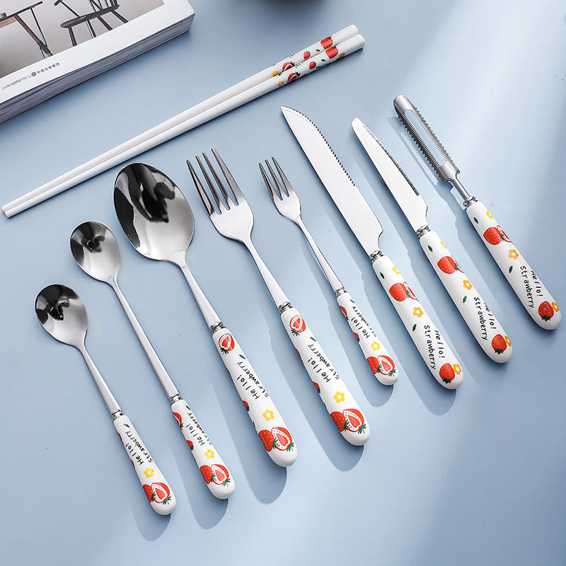 Creative Fruit Pattern Stainless Steel Fork, Knife, Spoon, Chopsticks, Steak Flatware Set Creative Fruit Pattern Stainless Steel Fork, Knife, Spoon, Chopsticks, Steak Flatware Set