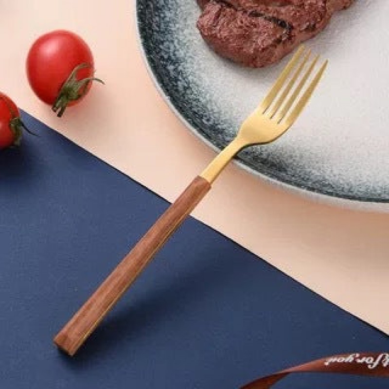 Stainless Steel White and Gold Fork, Spoon, Knife Flatware Set of 5 Imitation Wood Handle Stainless Steel White and Gold Fork, Spoon, Knife Flatware Set of 5 Imitation Wood Handle