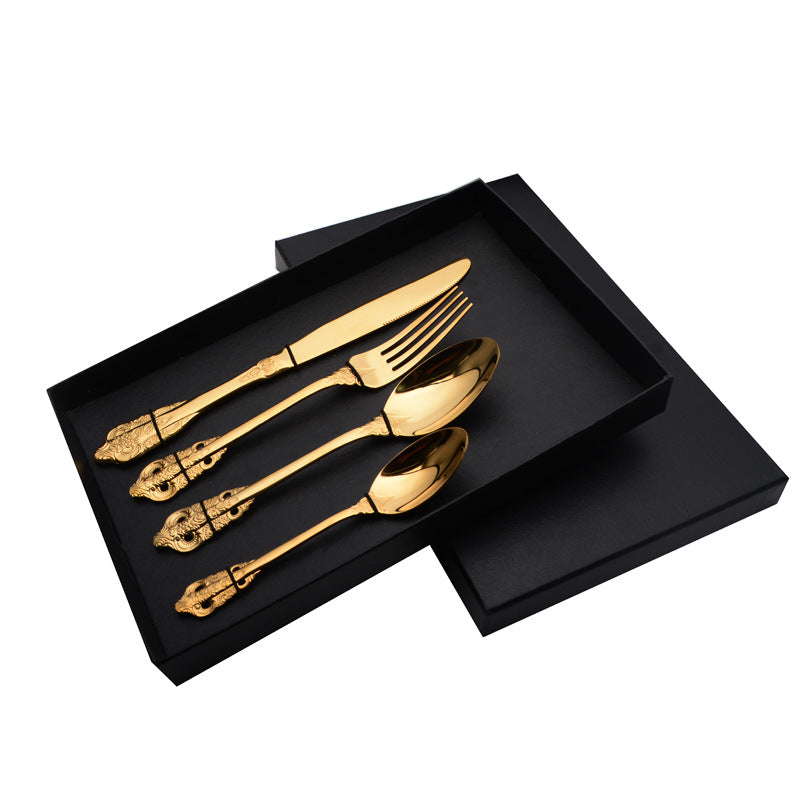 Europe Retro Gold, Silver Flatware Set Engraved Fork, Spoon, Knife For Dinner Set of 4 Europe Retro Gold, Silver Flatware Set Engraved Fork, Spoon, Knife For Dinner Set of 4