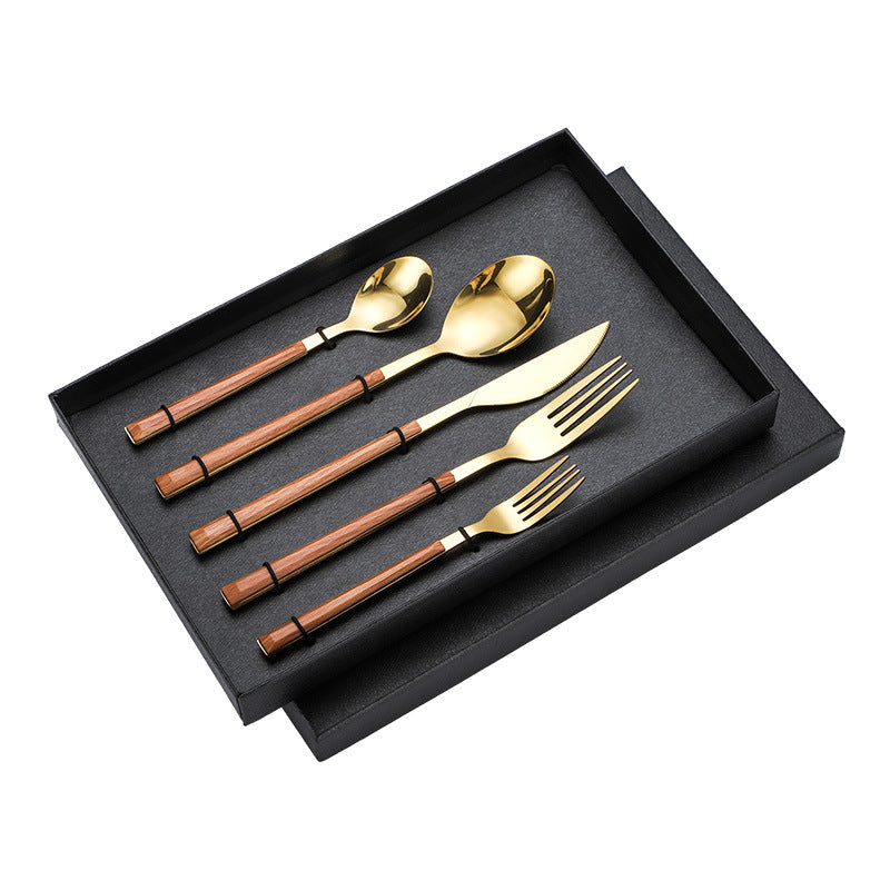 Stainless Steel White and Gold Fork, Spoon, Knife Flatware Set of 5 Imitation Wood Handle Stainless Steel White and Gold Fork, Spoon, Knife Flatware Set of 5 Imitation Wood Handle