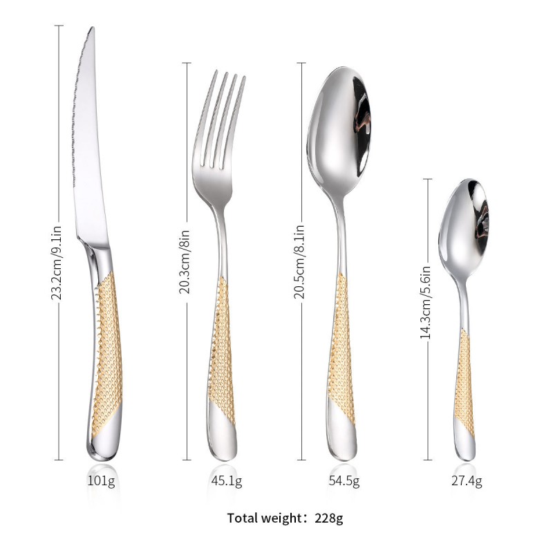 Steak Fork, Spoon, Knife Set, 304 Stainless Steel, Gold-plated Cutlery Set of 4 With Checkered Handle Steak Fork, Spoon, Knife Set, 304 Stainless Steel, Gold-plated Cutlery Set of 4 With Checkered Handle