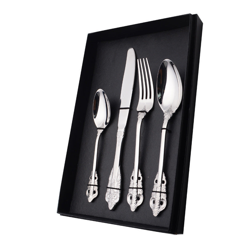 Europe Retro Gold, Silver Flatware Set Engraved Fork, Spoon, Knife For Dinner Set of 4 Europe Retro Gold, Silver Flatware Set Engraved Fork, Spoon, Knife For Dinner Set of 4