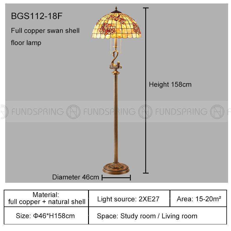 Tiffany Floor Lamp with Shell Lampshade and Solid Brass on Swan or Goddess Lampstand Tiffany Floor Lamp with Shell Lampshade and Solid Brass on Swan or Goddess Lampstand