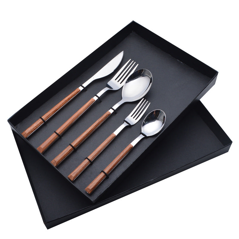 Stainless Steel White and Gold Fork, Spoon, Knife Flatware Set of 5 Imitation Wood Handle Stainless Steel White and Gold Fork, Spoon, Knife Flatware Set of 5 Imitation Wood Handle