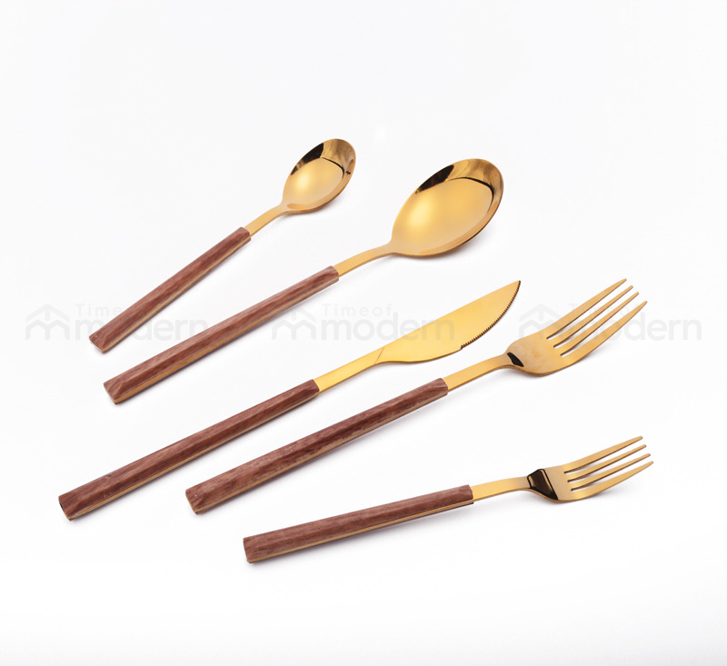 Stainless Steel Silver Gold Fork, Spoon, Knife Flatware Set of 5 Imitation Wood Handle (2).jpg
